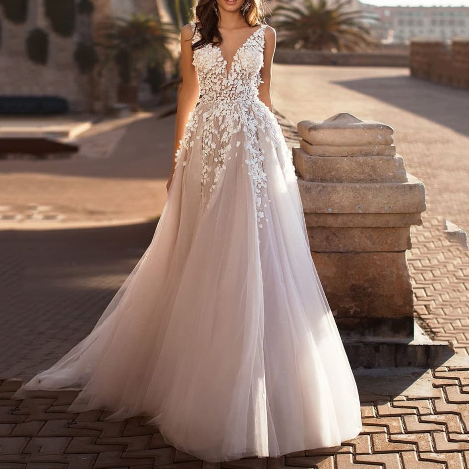 Women's Clothing Summer New Women's Sexy Lace Dress Sleeveless Deep V Neck Wedding Dress Embroidery Long Skirt