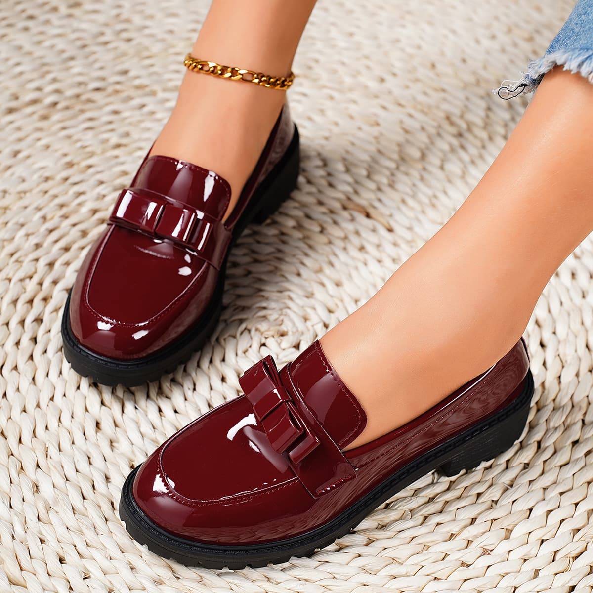 Plus Size Women's Red Leather Loafers French Style Flat Shoes Spring Autumn British Style Single Shoes
