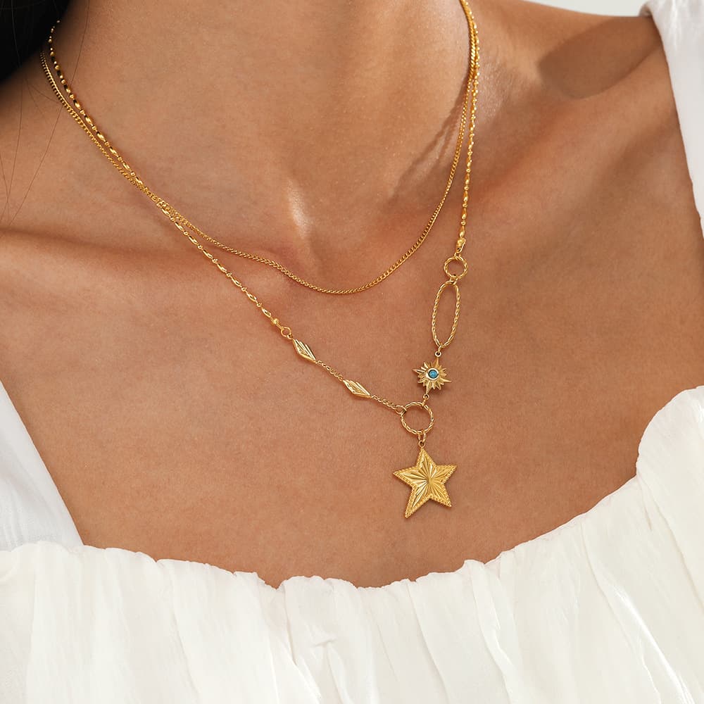 14K Gold Plated Double Layer Star Necklace - Geometric Clavicle Chain For Women, Ins Style Design