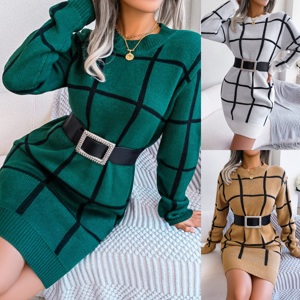 Women's clothing Real shot autumn and winter casual color contrast plaid long-sleeved bottoming sweater dress women's clothing