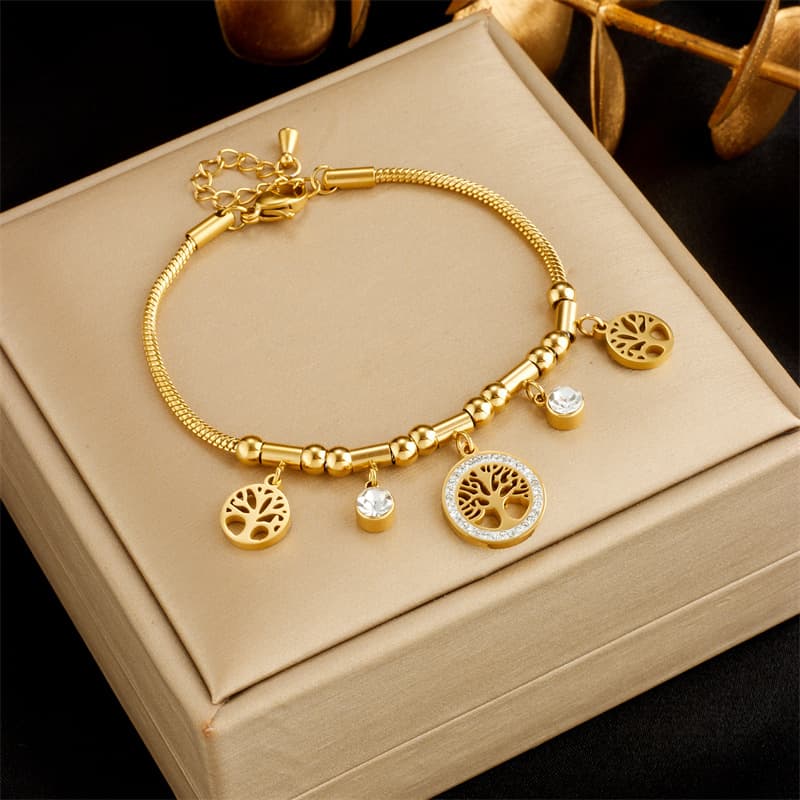 Fashionable niche high-end retro temperament metal diamond hollow tree of life pendant bracelet titanium steel bracelet