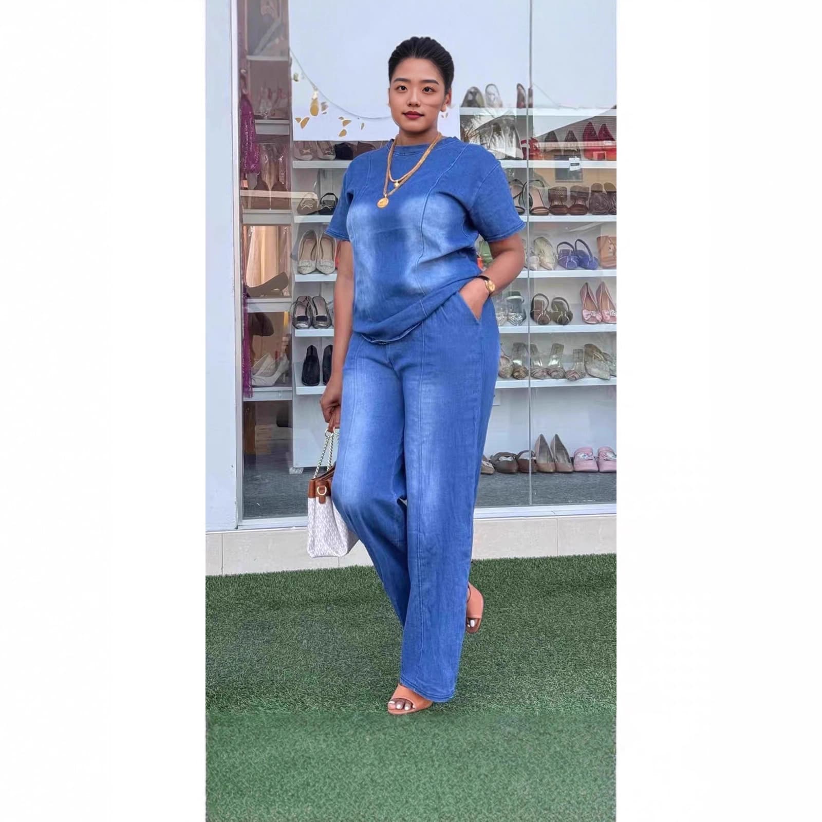 ​​Women's Distressed Blue Denim Short Sleeve Set – Trendy Oversized Casual Two-Piece Outfit​​