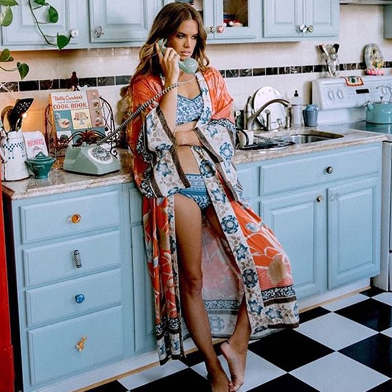 Women's Clothing Beach Cover Up Printed Crane Positioning Flower Holiday Robe Bikini Sunscreen Shirt Sexy Cardigan Women