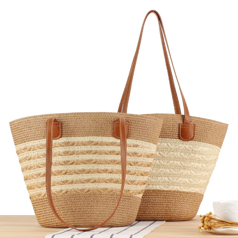Striped Large Capacity Tote Bag with Premium Texture Hand Woven Beach Bag Versatile Shoulder Bag Suitable for Vacation Travel