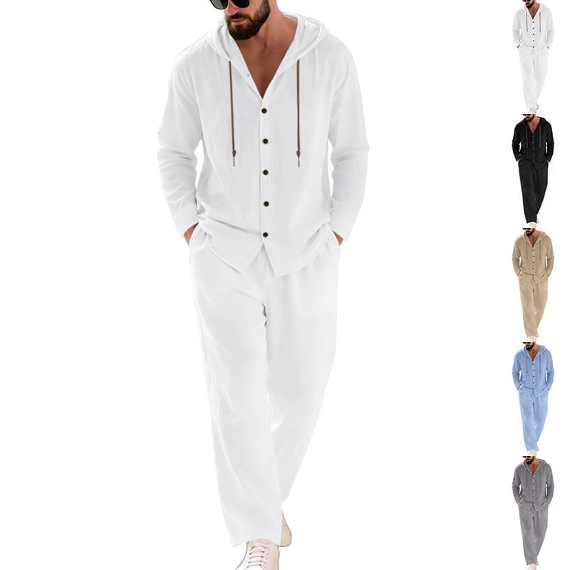 Men's Linen Shirt And Trousers Set Casual Hooded Button-Down Long Sleeved Top With Straight Leg For Beach Vacation Two-Piece Outfit