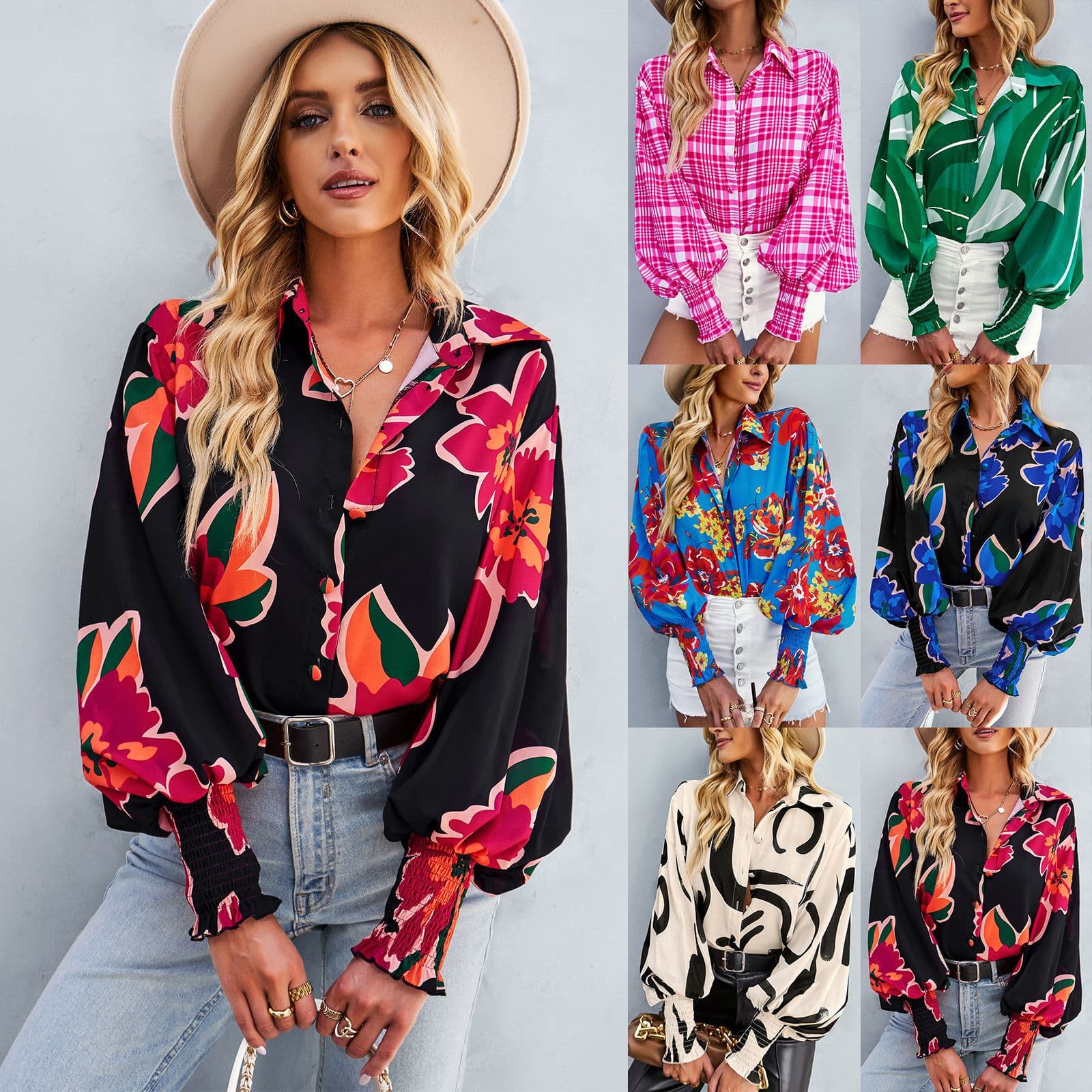 Women's Contrast Printed Shirt Long Sleeve Versatile Top