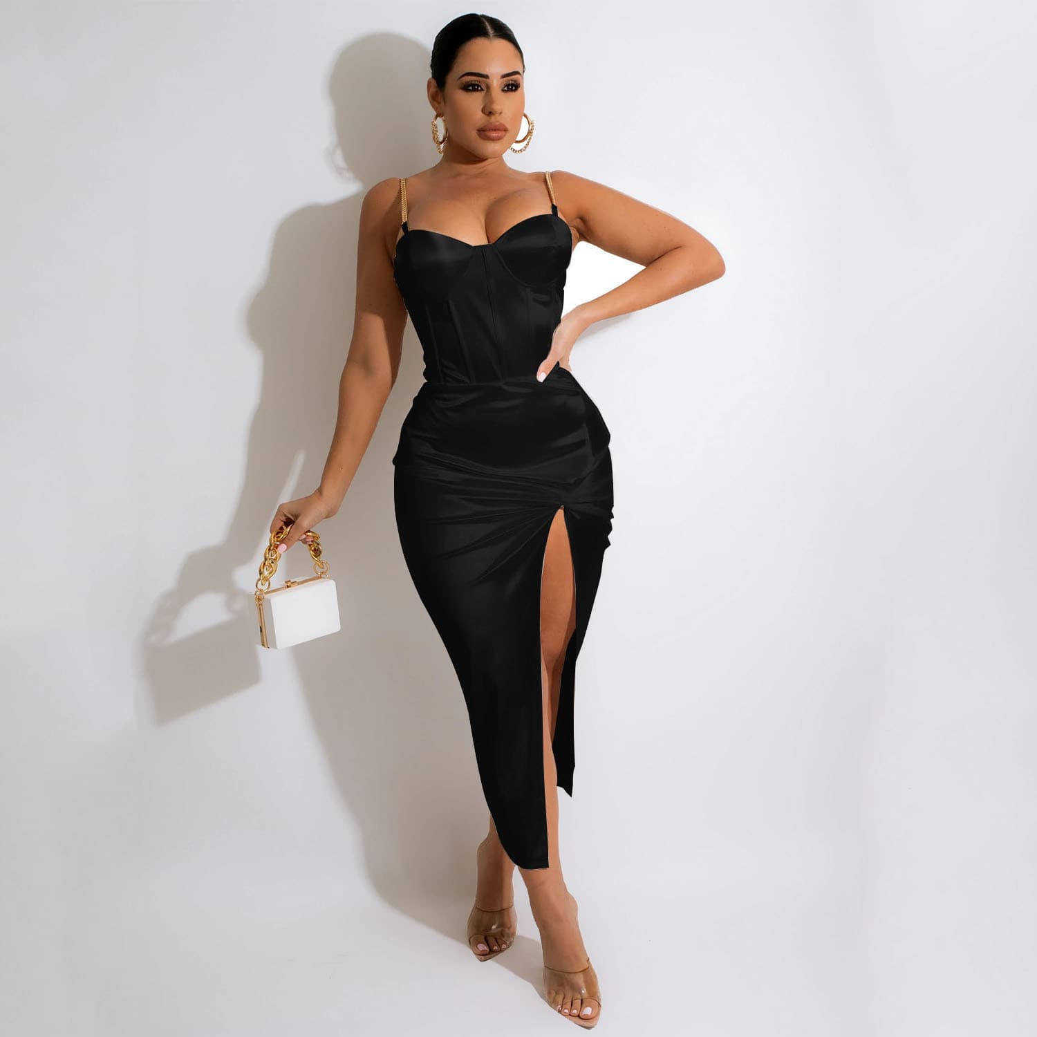 Women's fashion sexy irregular solid color mid-length dress