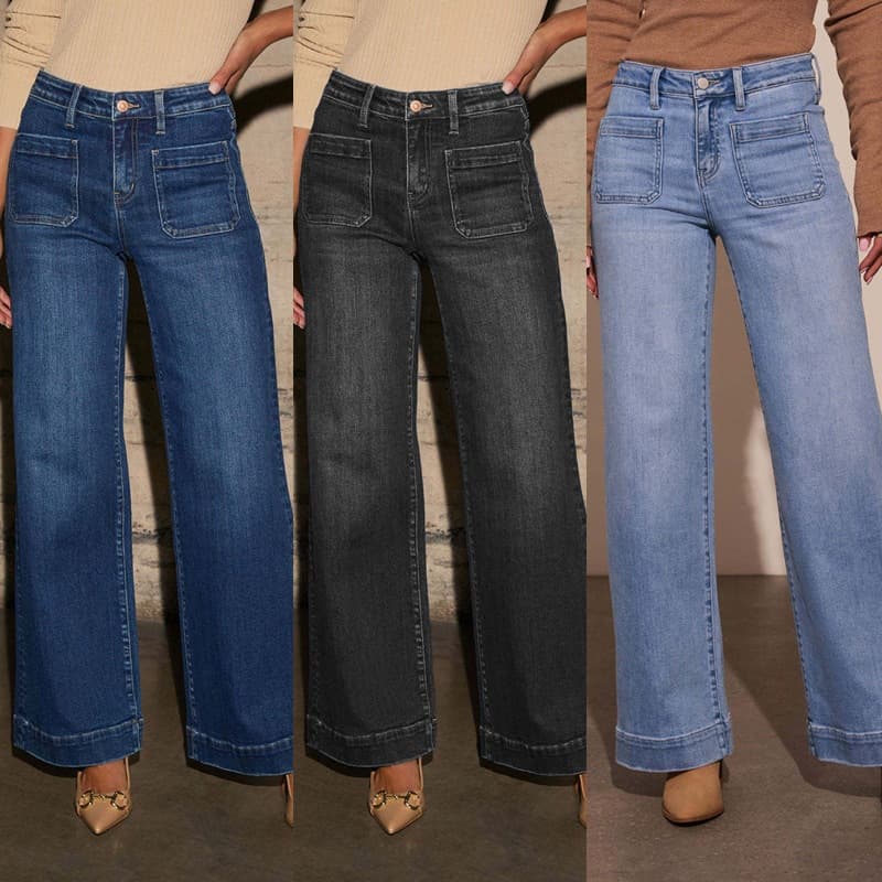 Women's Clothing Vintage Blue Straight Leg Jeans High Waisted Stretch Denim Pants With Comfort Fit (Dark Blue, Light Blue, Black) - S/M/L/XL/XXL
