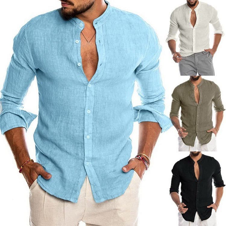 Mens Casual Long Sleeve 2024 autumn/winter V-neck linen new cardigan stand up collar long sleeved men's shirt