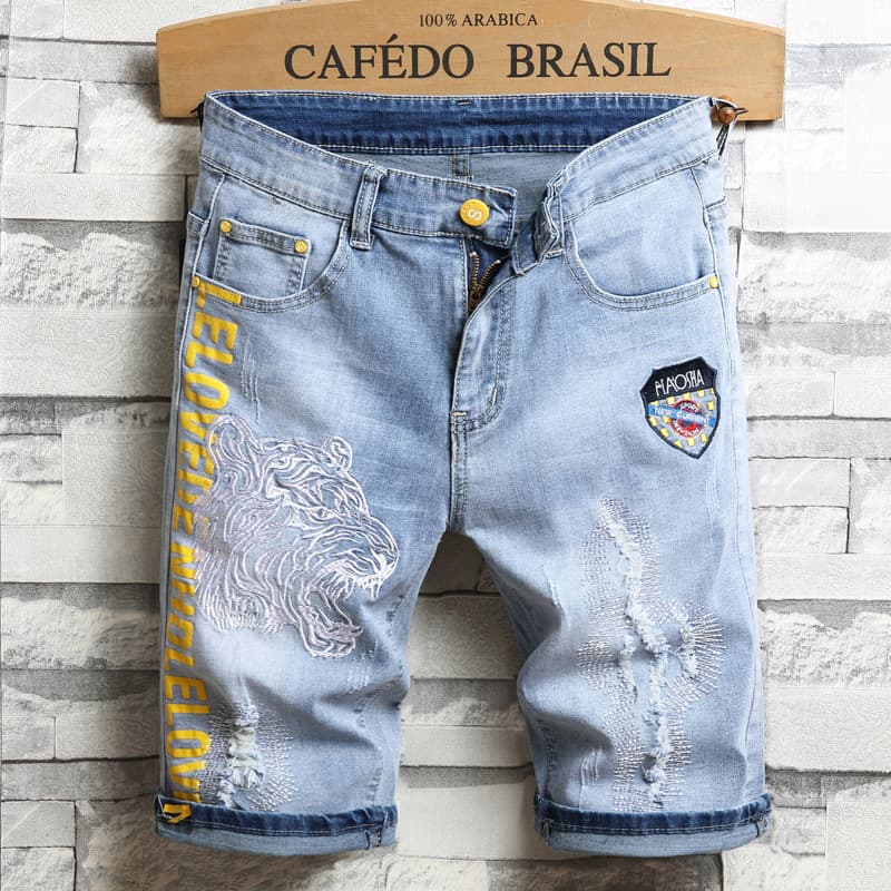 Man's Clothing Fashion Embroidered Denim Shorts Men's Ripped Mid-length Slim Straight Leg Trend 5 Points Light Light Casual Breeches