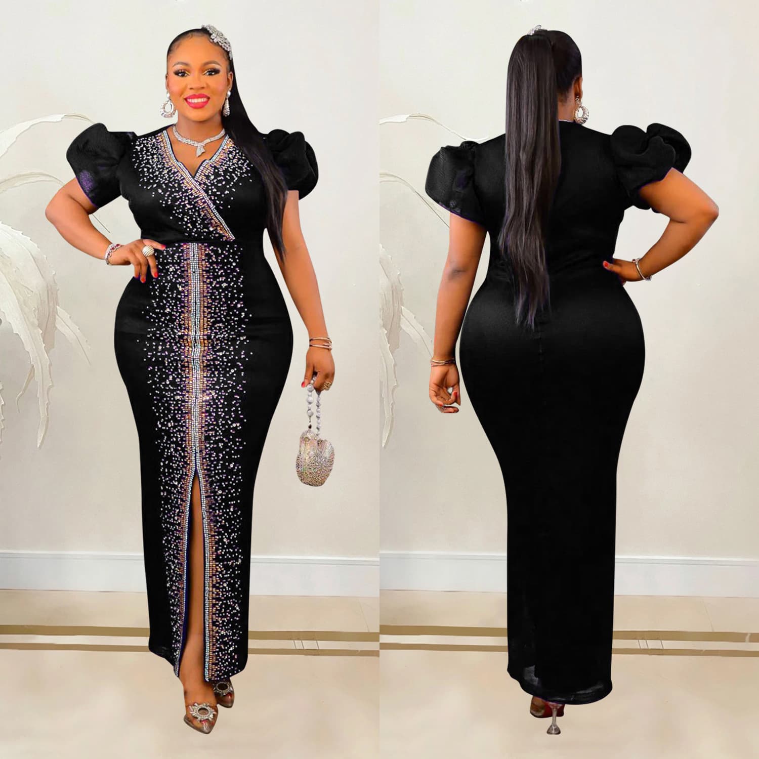 Women's Hot Diamond Puff Sleeves Elastic V-neck Long Skirt Dress For Women