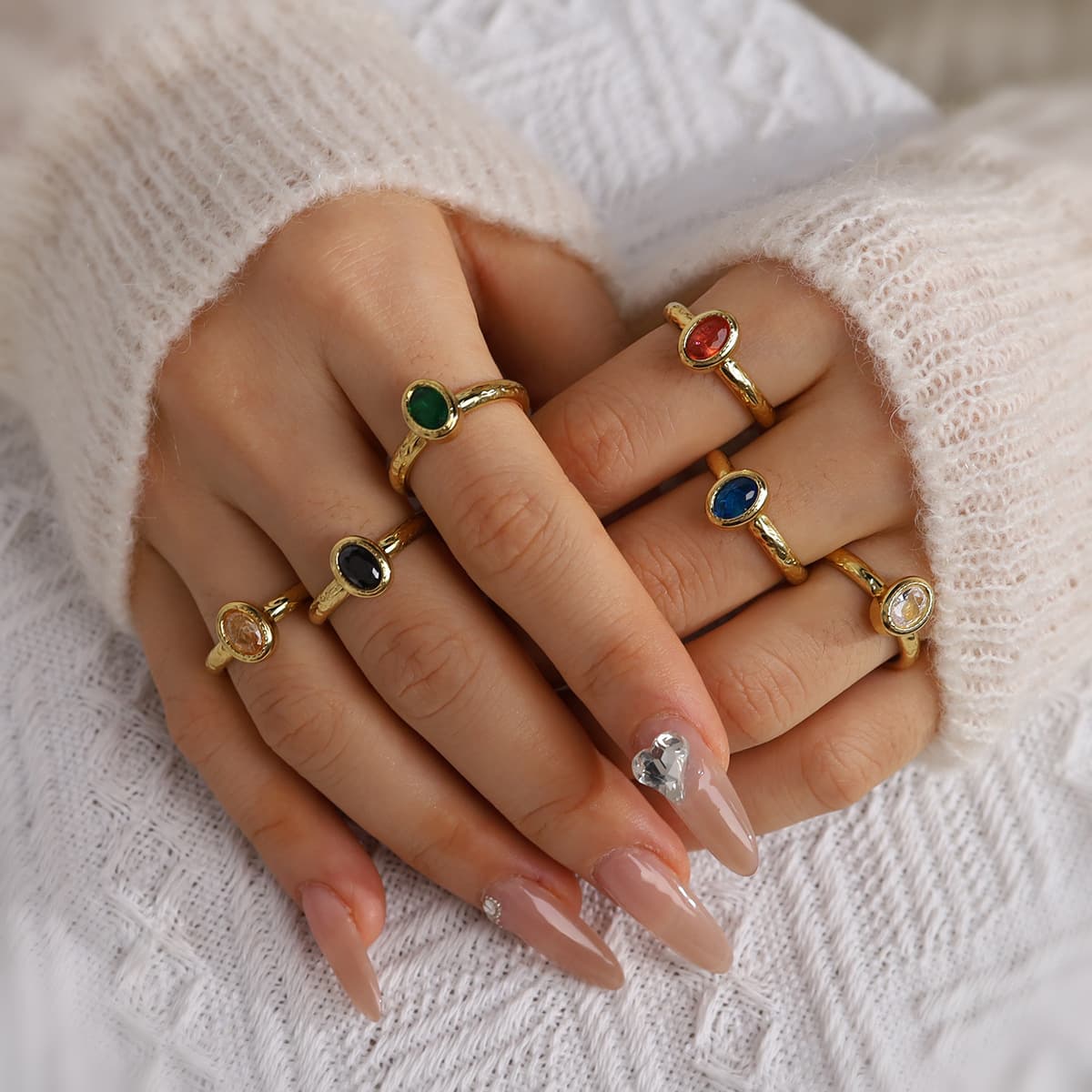 French Retro Style Colored Zircon Ring For Women Simple And Fashionable Open Titanium Steel Ring Adjustable