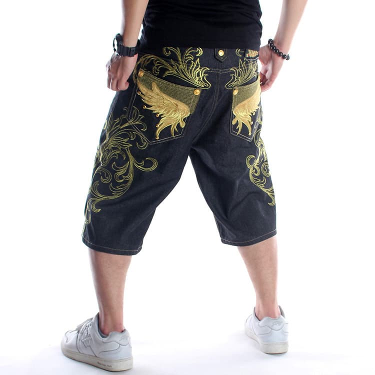 Man's clothing Trend baggy plus size denim shorts male youth hip hop personality embroidered cropped mid-length pants