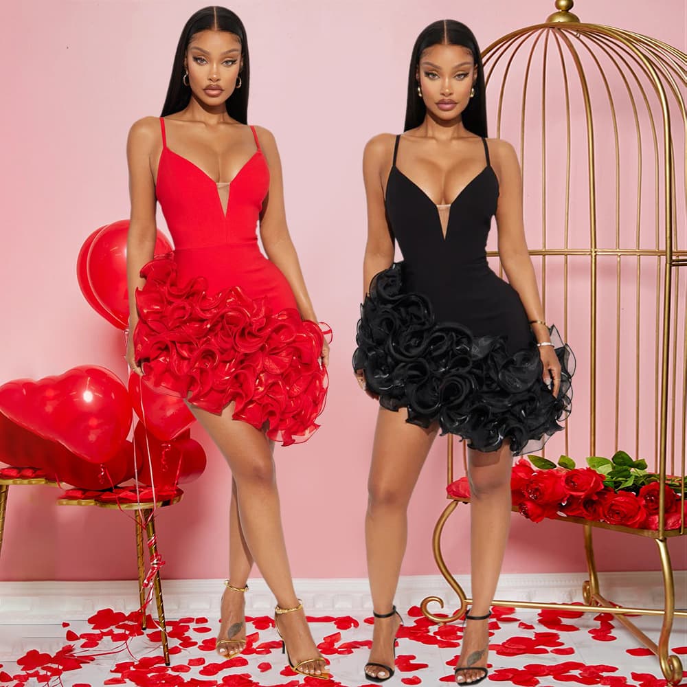 Women's Clothing New Fashion Sexy Sling Solid Color Lotus Leaf Lace Irregular Dress Short Skirt