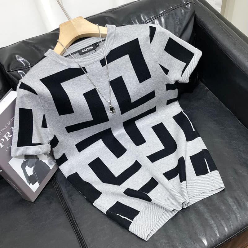 Men's Ice Silk Short-Sleeved Knitted Sweater Geometric Jacquard Round Neck Slim Fit Summer Top Breathable Cotton Blend