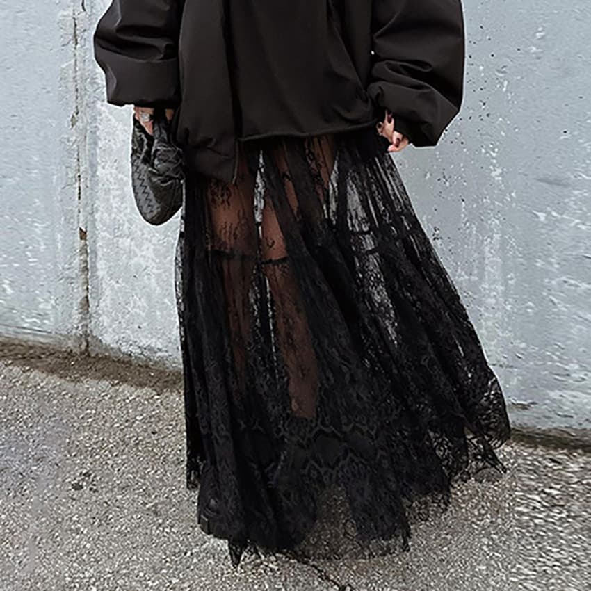 Elegant Lace High-Waisted Skirt With Sheer Mesh Overlay – Flowy A-Line Midi Skirt For Women, Vintage-Inspired Floral Embroidery
