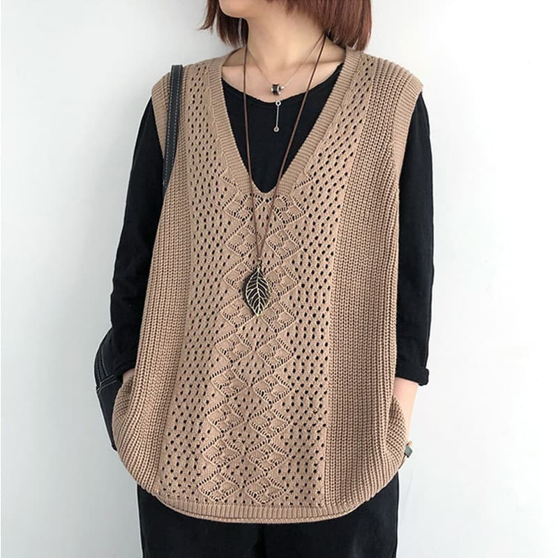girl Knitted Vest For Women, Spring Thin Loose Plus Size Sleeveless Outerwear, V-Neck Retro Pullover Vest, Trendy