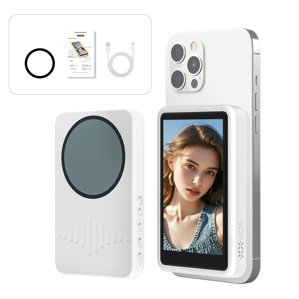 Magnetic Phone Mirror Screen With Bluetooth, Selfie Light, Rear Camera Monitor & Zoom Control – Compatible With IOS/Android/HarmonyOS