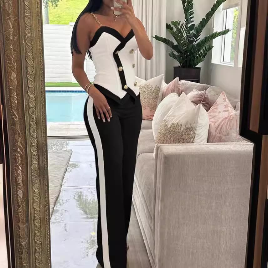 Women's Clothing Fashion suit women slim matching color double breasted halter and straight leg pants