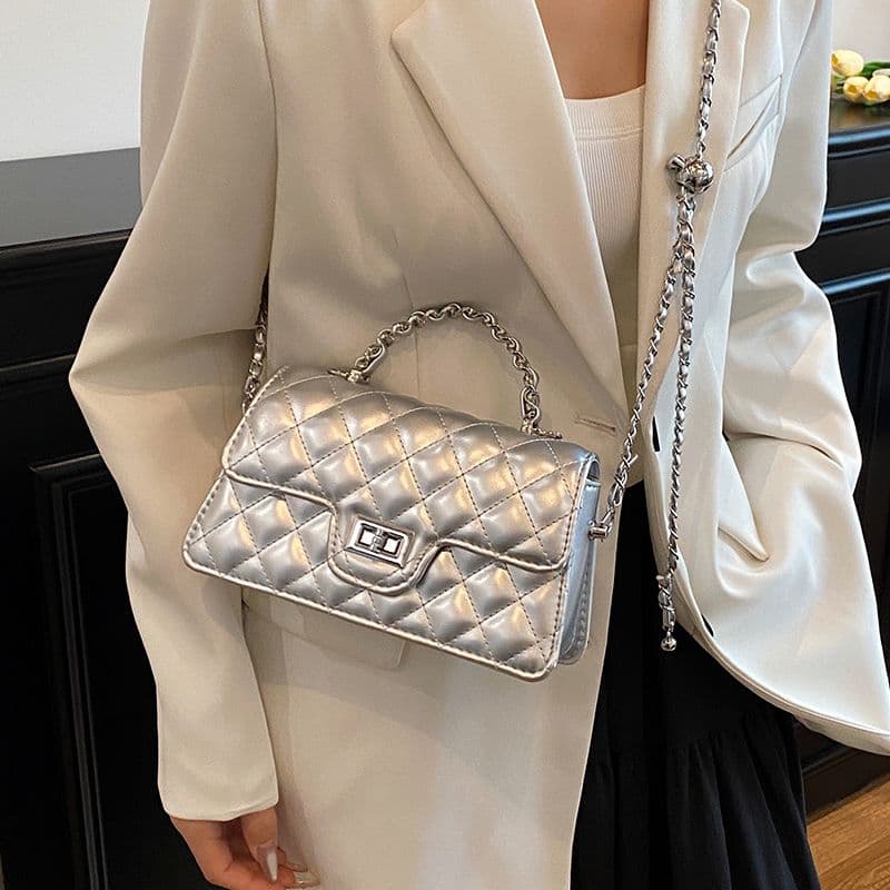 Silver Quilted Chain B For Women, Small Style Crossbody B, 2025 Summer New Korean Version, Niche Design