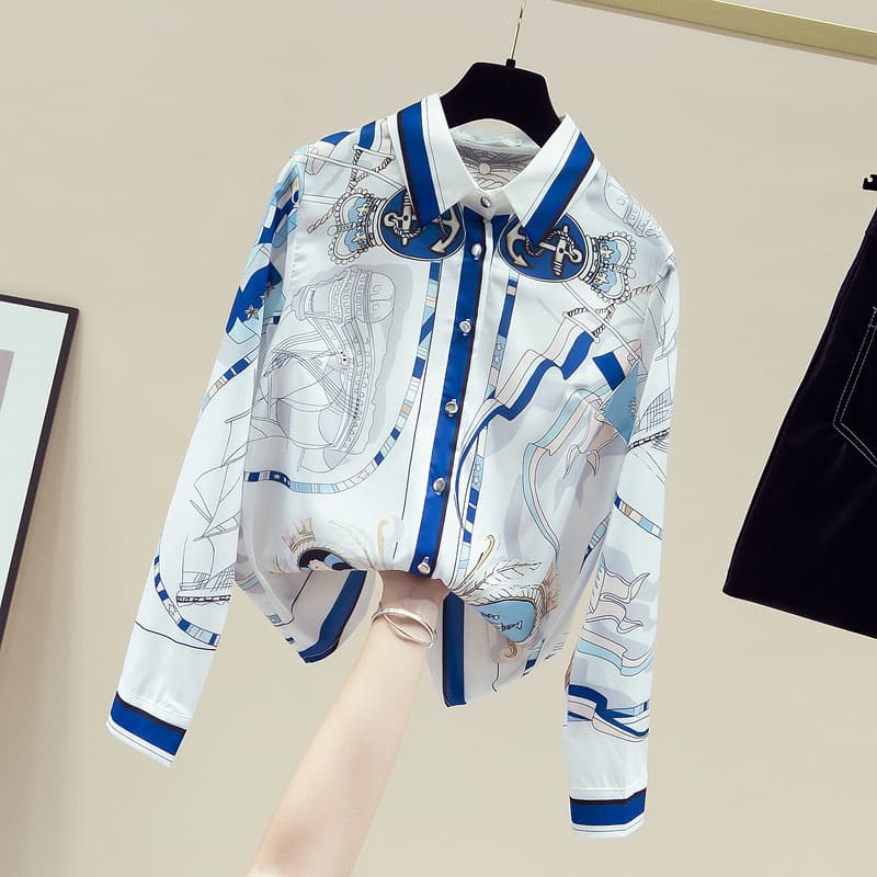 Women's Clothing 2024 early autumn real shot interesting printed chiffon shirt polo collar long sleeved floral commuter shirt women's tops
