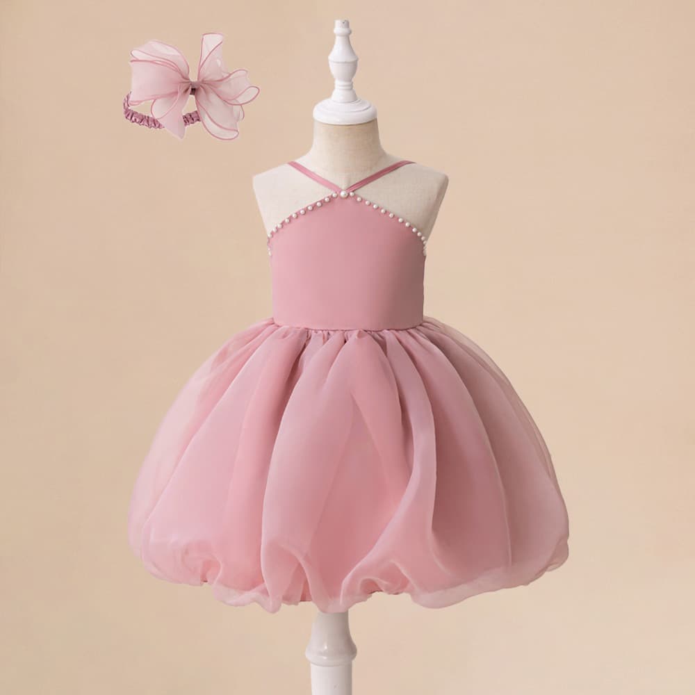 Kids Clothing New Children's Princess Dress Pink Sleeveless Beaded Puffy Princess Dress Children's Flower Girl Piano Performance Costume