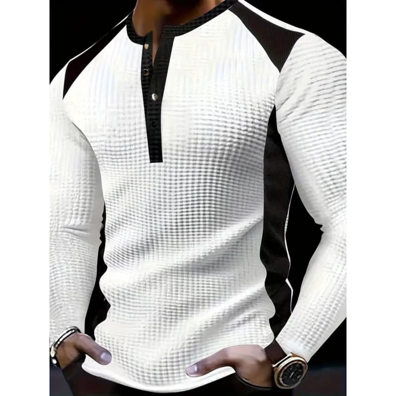 Men's High Neck Button Henley Shirt Waffle Knit Two Tone Casual Long Sleeve T-Shirt Breathable Polyester Machine Washable