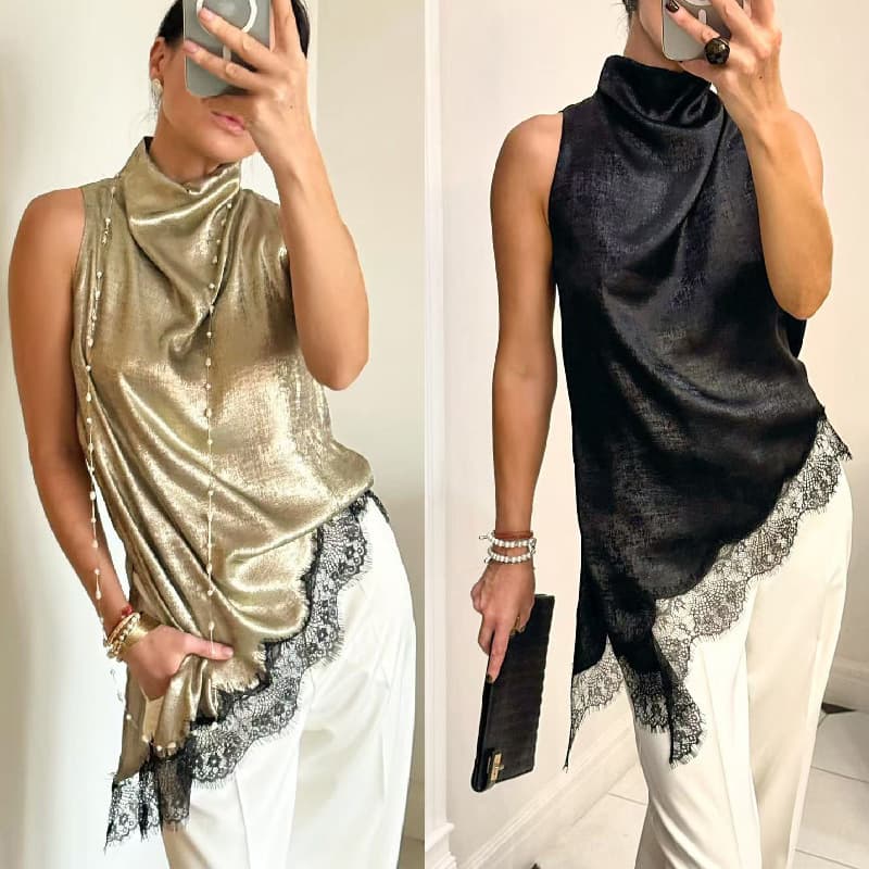 ​​"Women's Elegant Lace Trim Sleeveless Vest, Breathable Polyester Camisole, Versatile Layering Top For Summer, Black/Golden, S/M/L/XL"​​