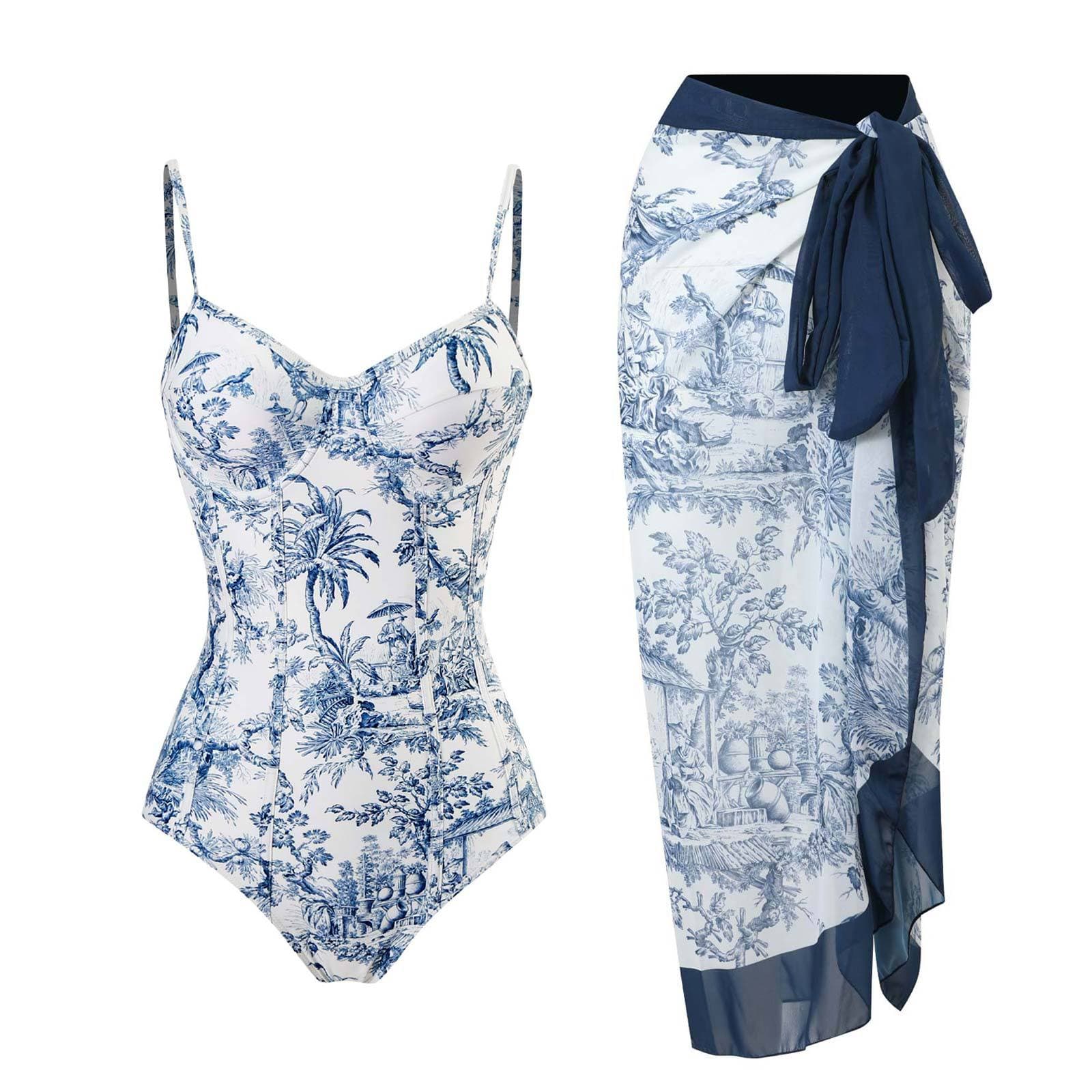 One Piece Swimwear Women's Conservative Slim Printing With Steel Support Hard Wrap Swimwear Chiffon Long Dress