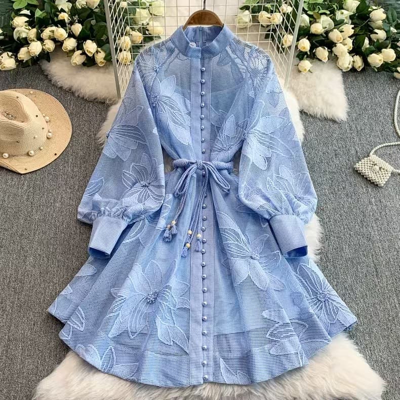 Elegant Female Palace Style Dress French High End Tie Waist Hollow Embroidery Single Breasted a Line Skirt for Women