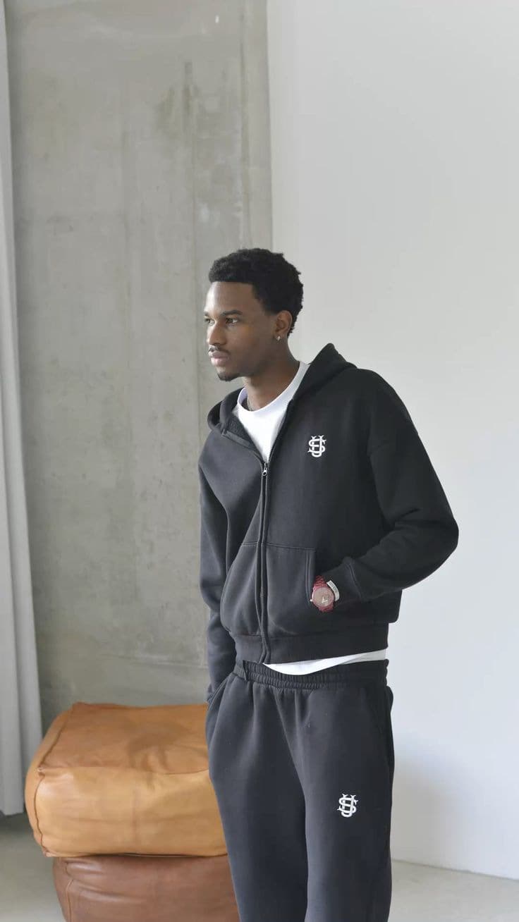 Survêtement streetwear pour homme – Ensemble sweat à capuche zippé oversize et jogging (noir/gris/rose, S-XXL) | Tenue hip-hop décontractée po