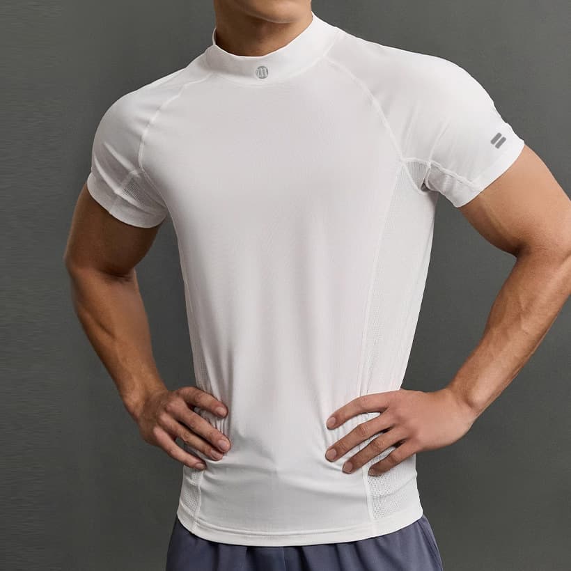 Men's Clothing High Collar Muscle Showing Fitness Clothes Mesh Fabric Stand Up Collar High Elastic Tights Short Sleeved Running Training