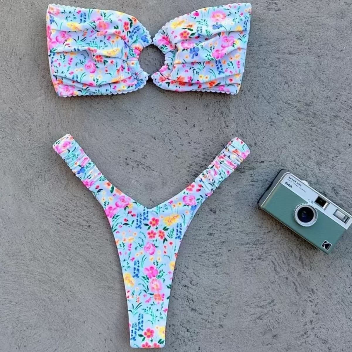 Women's Clothing Fashion Fresh Print Ring Soft Pack Tube Top Bikini Split Swimsuit