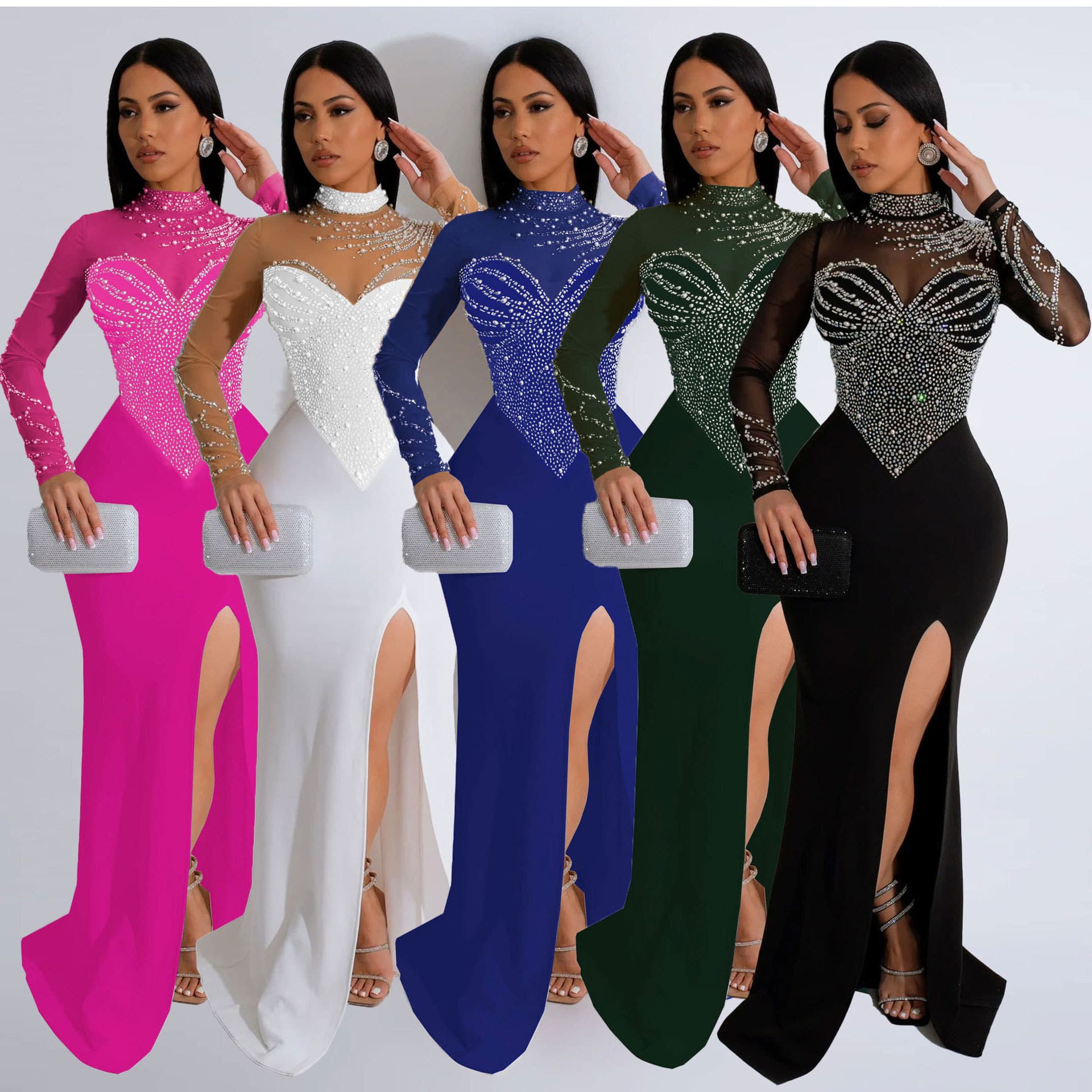 Women's clothing hot diamond pearl see through waist and hip elastic slit dress