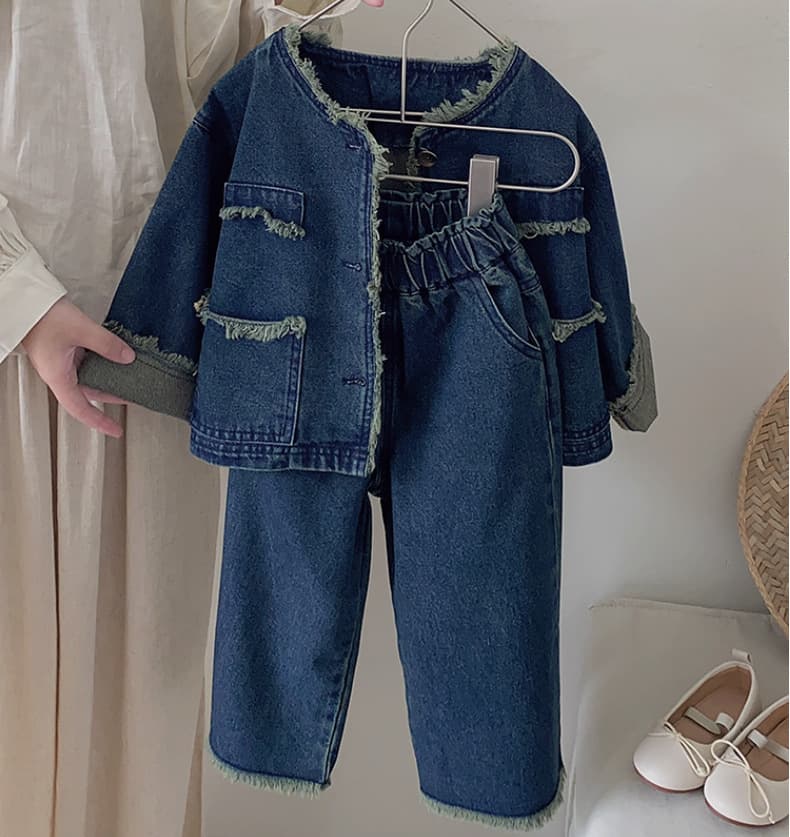 Kids Clothing girls retro fashionable raw edge denim jacket top wide leg pants suit