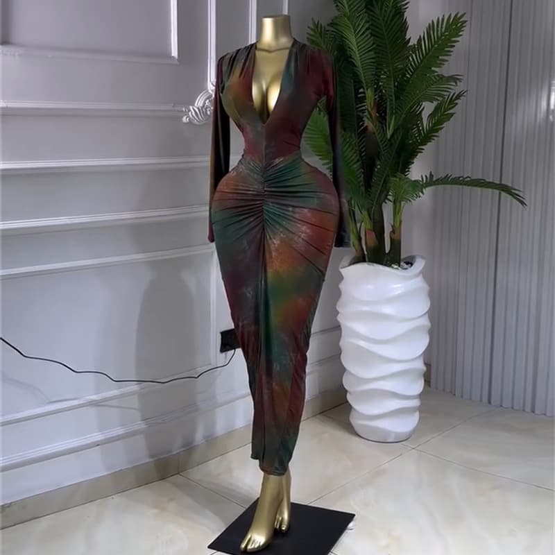 Women's Floral Print V-Neck Long Sleeve Wrap Dress - High Waist Slim Fit Bodycon Dress For Spring, Sweet Style