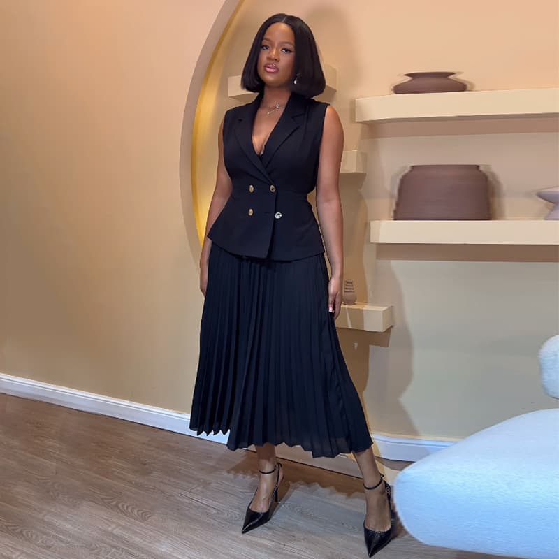 Women's summer new style temperament suit collar vest top pleated skirt casual suit