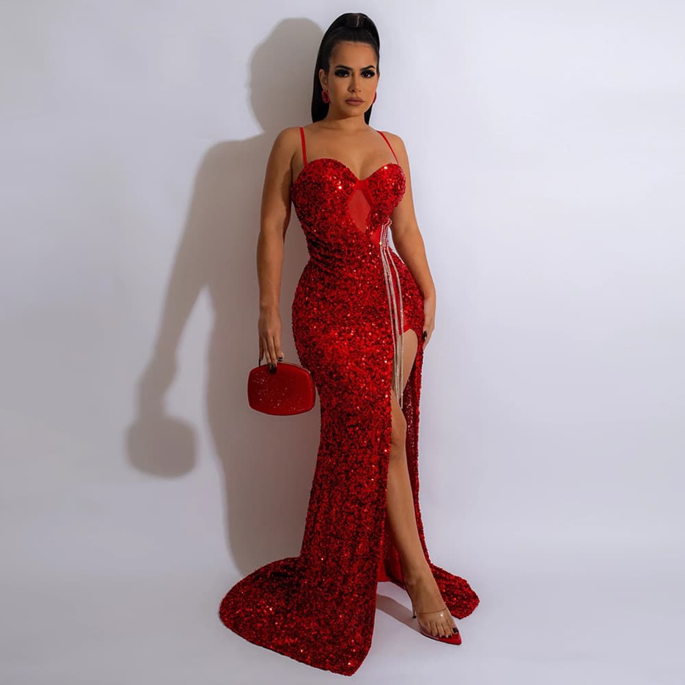 Women's sexy suspender sleeveless sequin dress slit long skirt