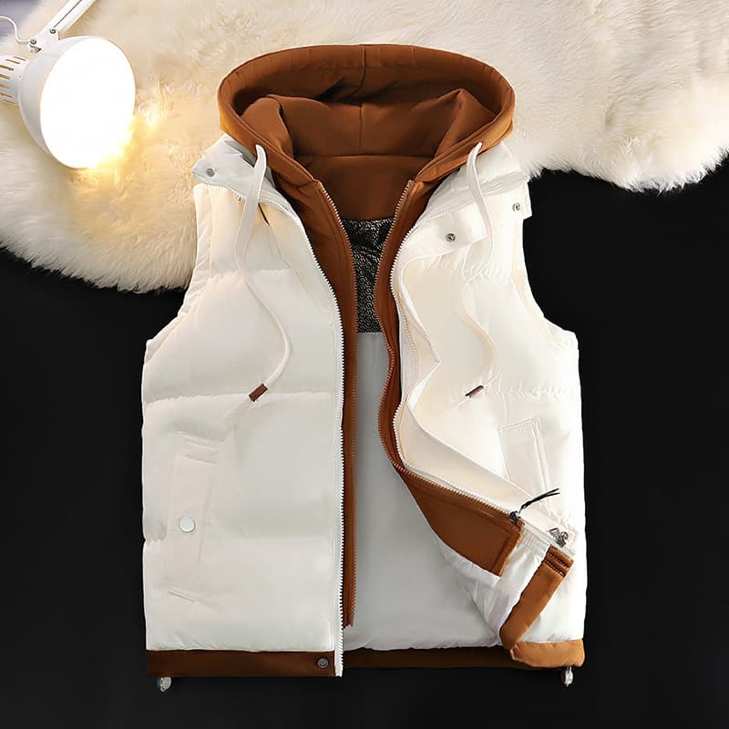 ​​Youth Winter Hooded Vest – Thick Cotton Sleeveless Jacket, Fake Two-Piece Design (White/Black/Caramel/Brown/Red, L-5XL)​​