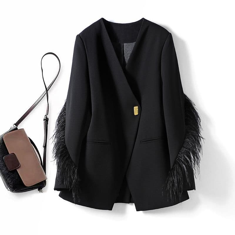 ​​European Style Women's Blazer With Feather Trim - Structured Oversized Single-Button Jacket For Autumn/Winter (Black, Sizes S-2XL)​