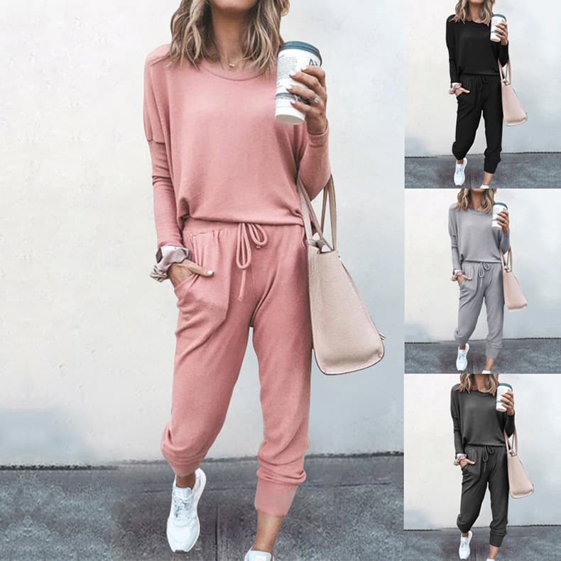 Women's Clothing Loose Solid Color Long Sleeve Casual Set