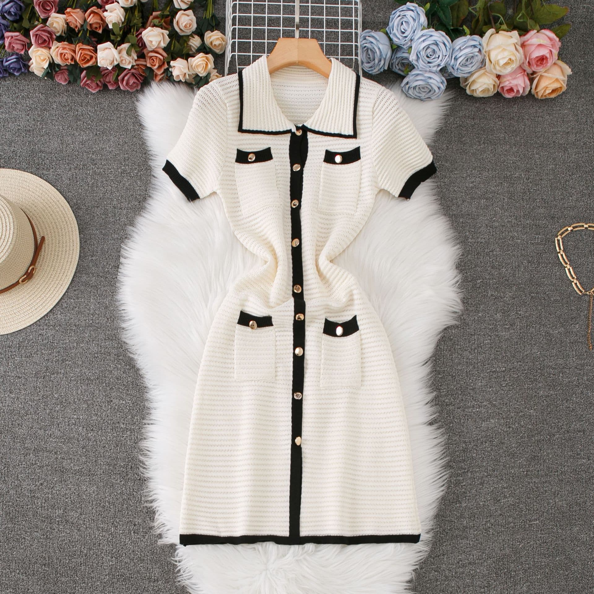 Women's Clothing Knitted Dress Pocket Polo Collar Single Breasted Short Skirt
