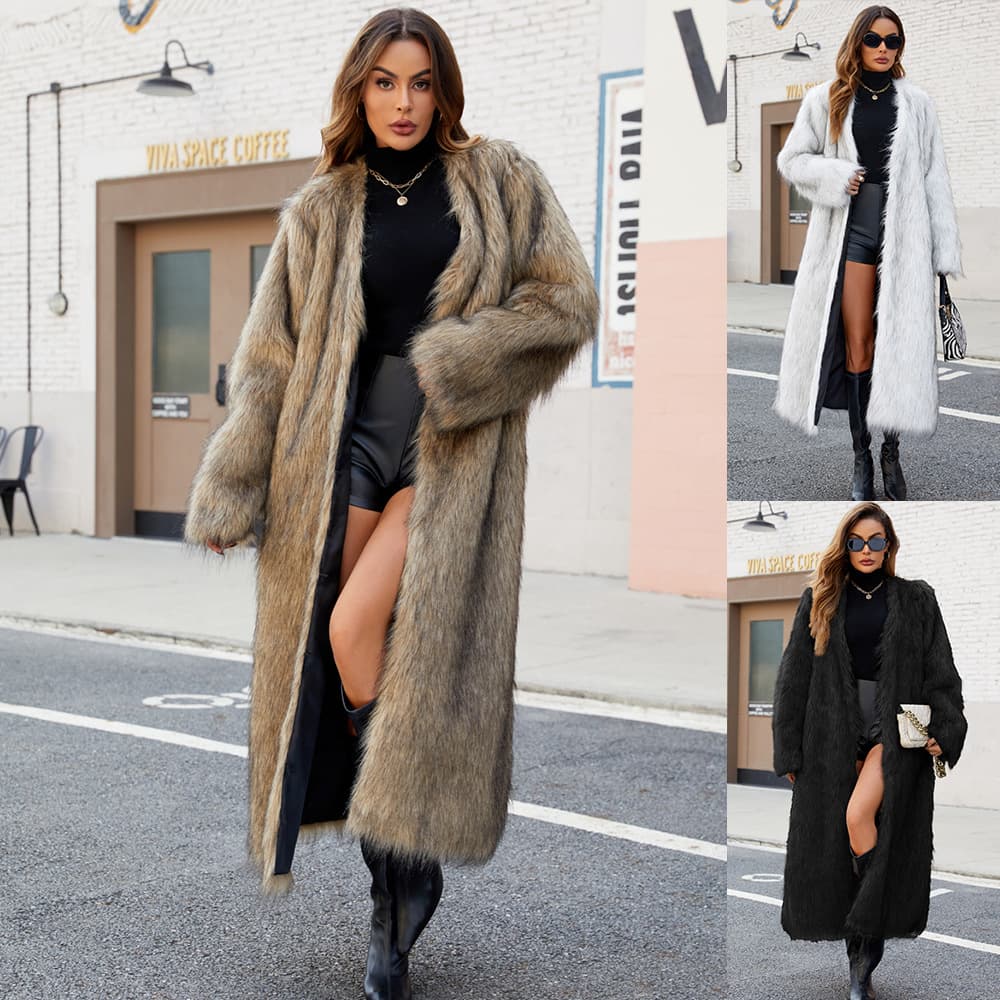 Women's Clothing fashion V neck long fur coat coat female autumn and winter new plush warm coat