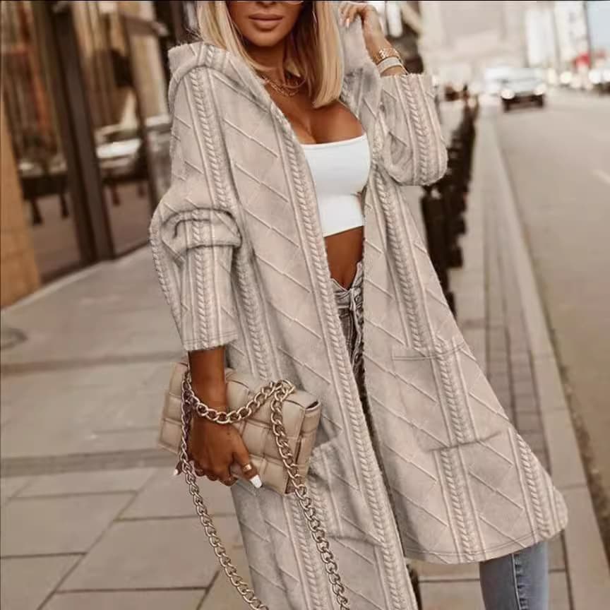 Women's Long Hooded Trench Coat With Cable Knit Texture Oversize Casual Windbreaker In Dark Gray/Black/Dusty Pink/Khaki/Dark Brown (S-XXL)