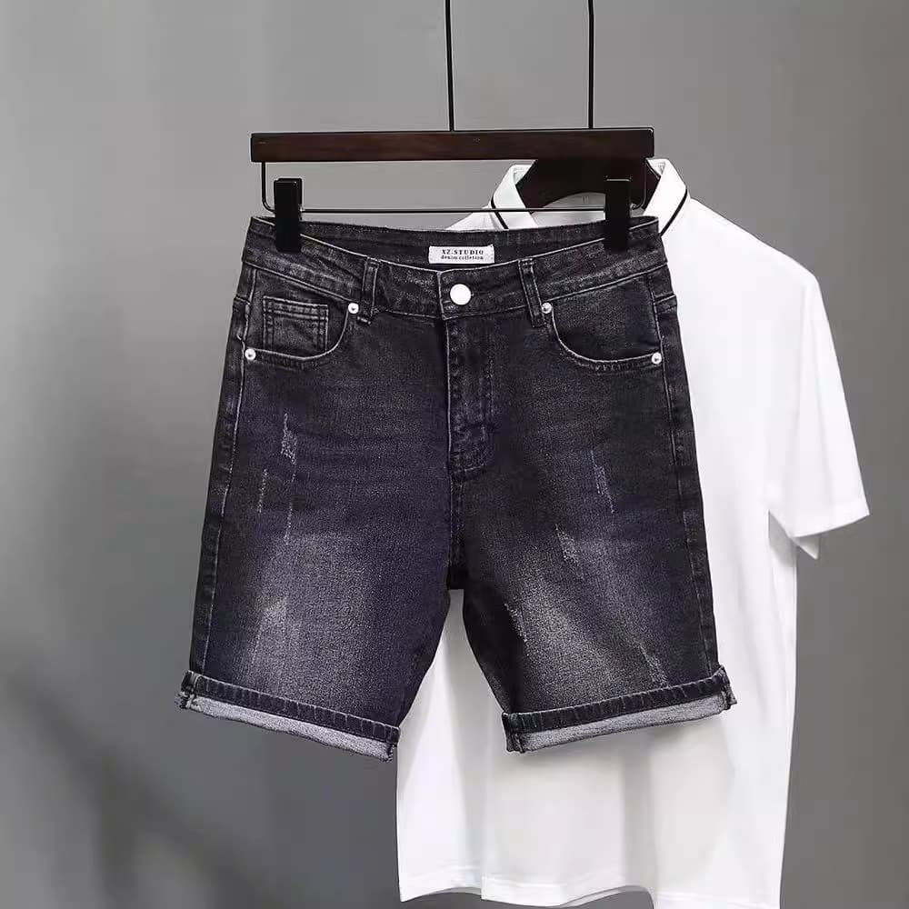 Men's Clothing Denim Shorts Scraped Slim Fitting Pants Trendy High Street Five Point Pants
