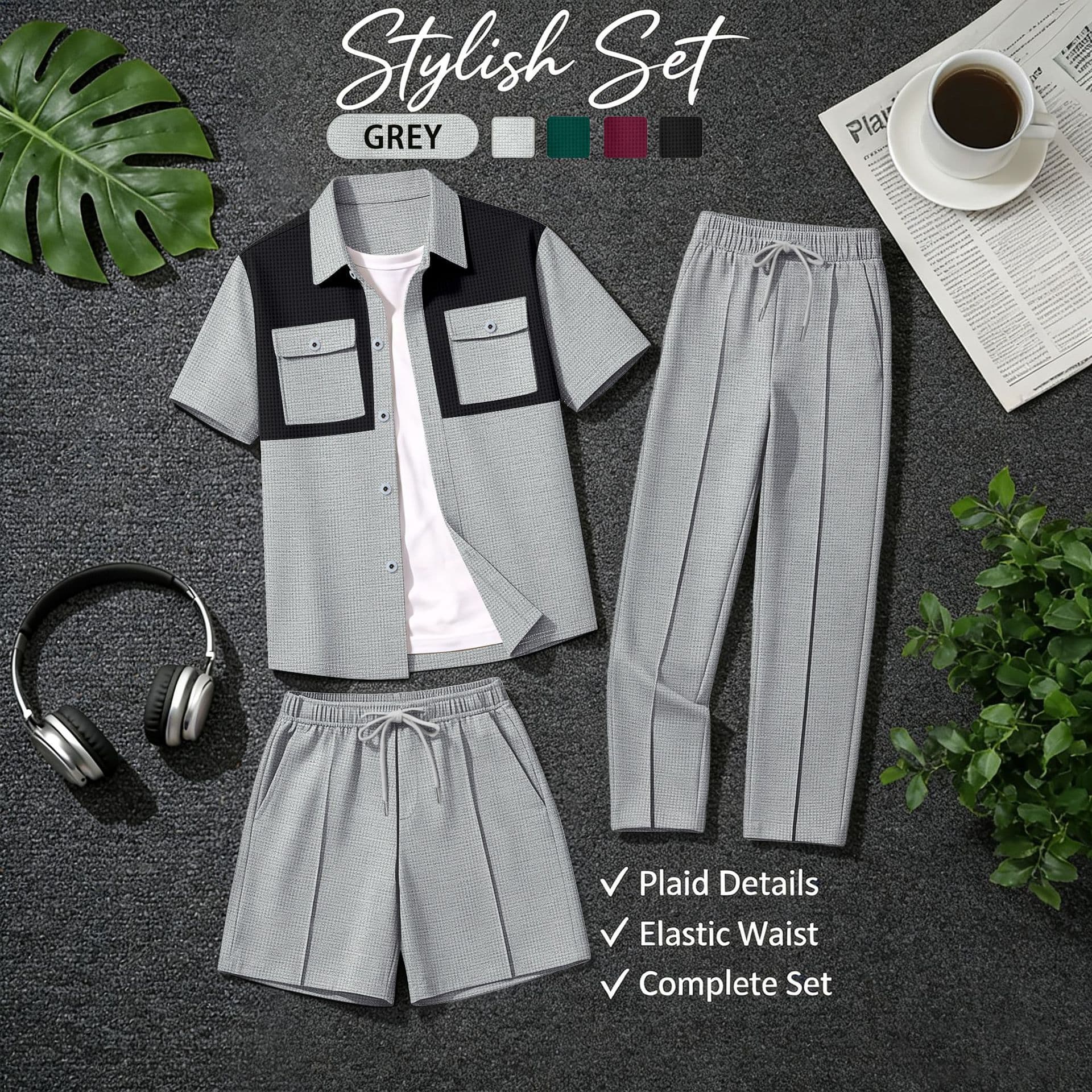 Men's Three Piece Waffle Knit Set Color Blocked Shirt Shorts Trousers Casual Stylish Polyester Spring Summer Autumn Regular Fit