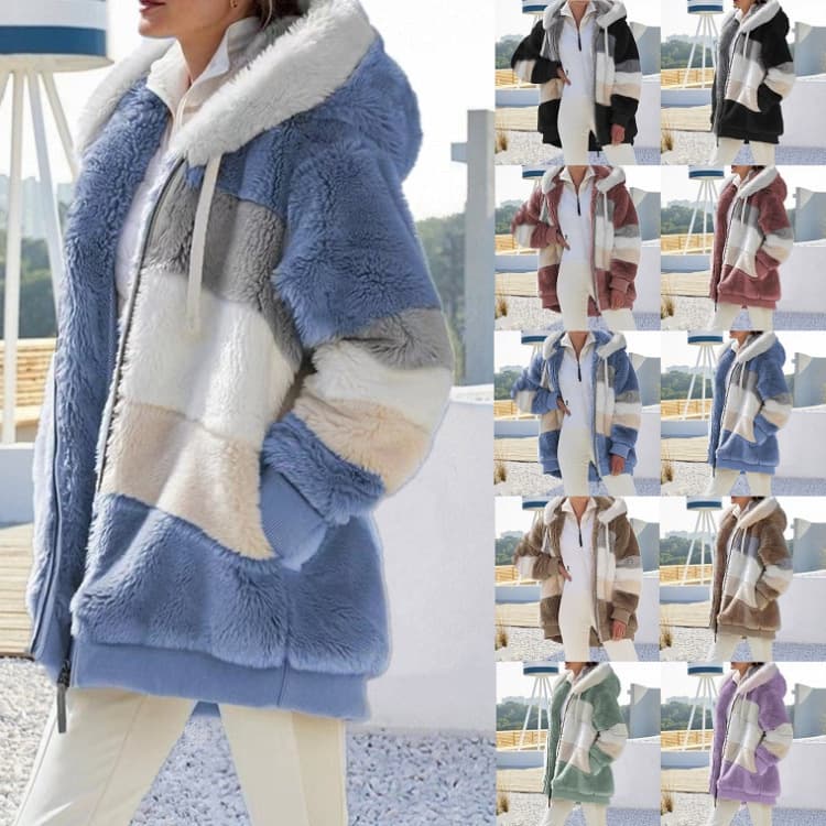 Women's Warm Plush Patchwork Zipper Pocket Hooded Loose Jacket