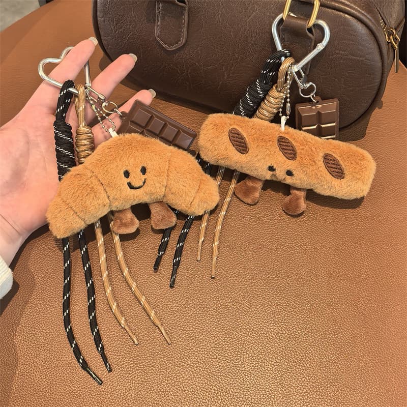 Plush Croissant Bag Charm Key Ornament Cartoon Woven Rope Bread Keychain Mini Size Polyester Key Pouch For Gifts