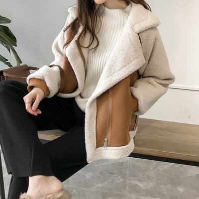 Women's Short Lamb Velvet Motorcycle Jacket Chic Loose Fur One-piece Suede Jacket