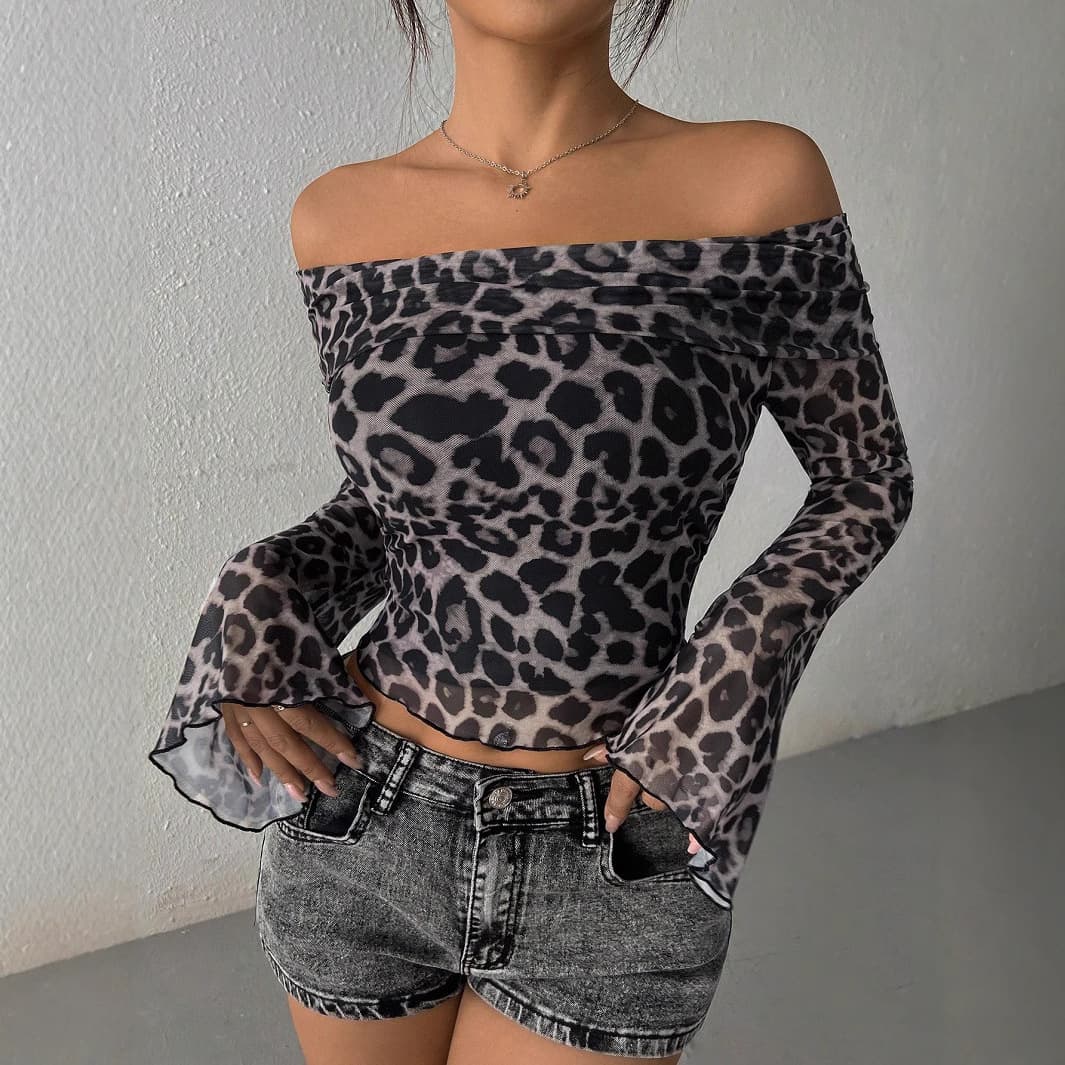Women's Clothing Women's Sexy One Shoulder Long Sleeve Women's Leopard Print Tops Sexy Hot Girls Bottoming Shirt